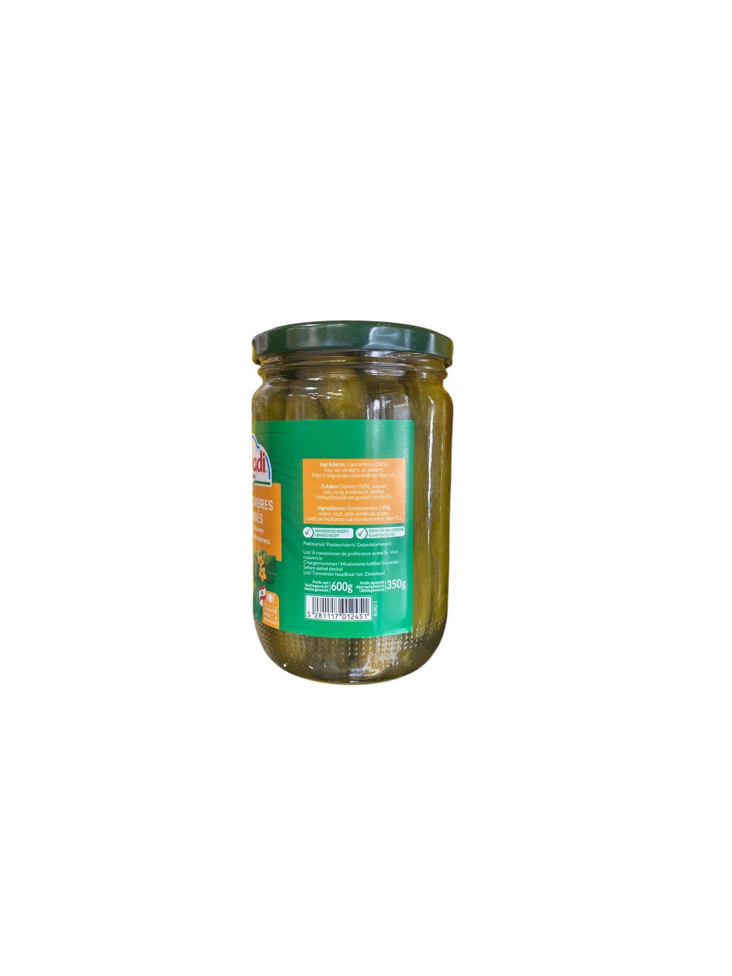 Alwadi - Concombres Marinés Alwadi - Cornichons Libanais Classiques | Vegan & Sans Gluten | 600g (350g Égoutté) composition