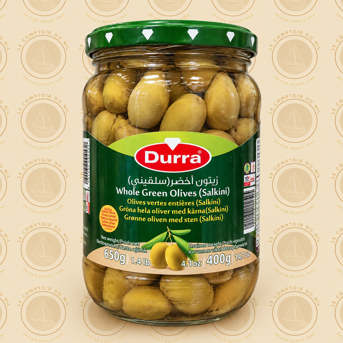 Olives Vertes Entières Durra Salkini 650 g – Olives Orientales Le comptoir du Nil : produits orientaux en ligne