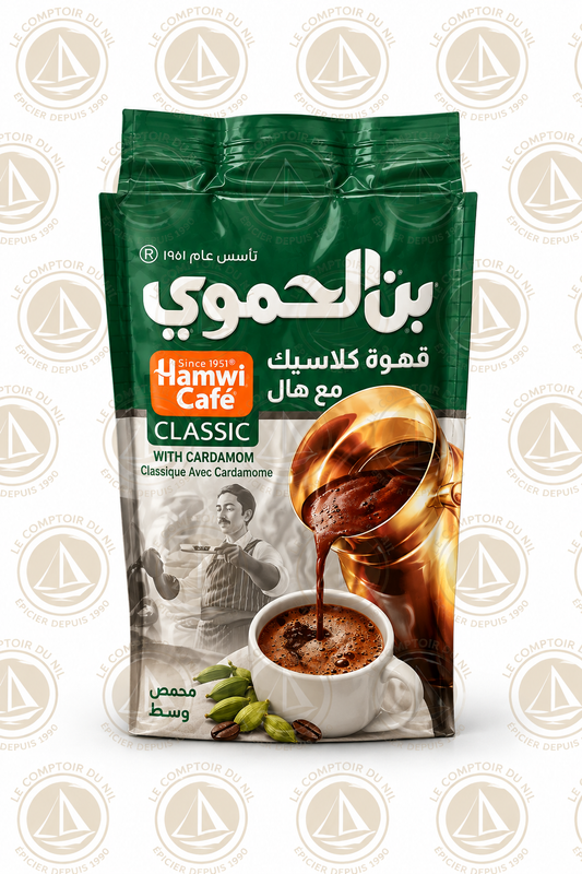 Café Hamwi Classic avec Cardamome – Café Arabe Authentique | Saveur Orientale Riche et Épicée – 180g Le comptoir du Nil : produits orientaux en ligne