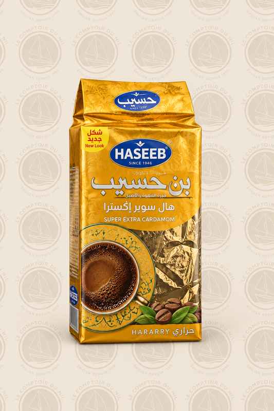 Café Haseeb Super Extra Cardamom – Café Arabe à la Cardamome | Torréfaction Authentique du Moyen-Orient – 500g Le comptoir du Nil : produits orientaux en ligne