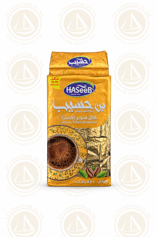 Café Haseeb Super Extra Cardamom – Café Arabe à la Cardamome | Torréfaction Authentique du Moyen-Orient – 500g Le comptoir du Nil : produits orientaux en ligne