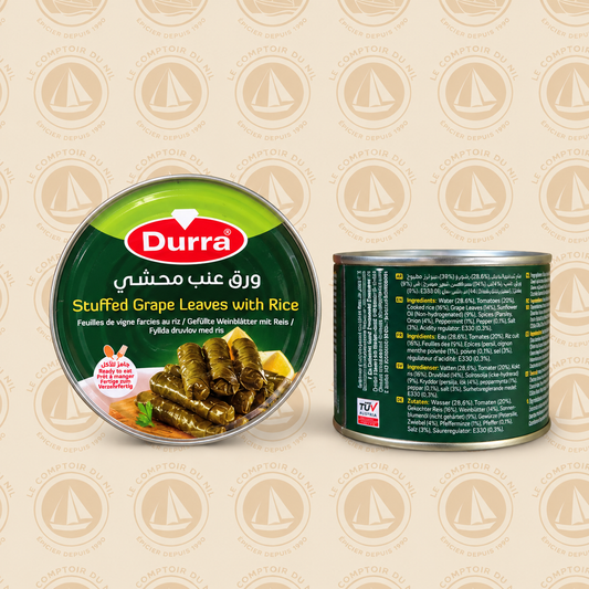 Durra – Feuilles de Vigne Farcies au Riz 400 g | Dolmas Libanaises Authentiques, Prêtes à Déguster Le comptoir du Nil : produits orientaux en ligne
