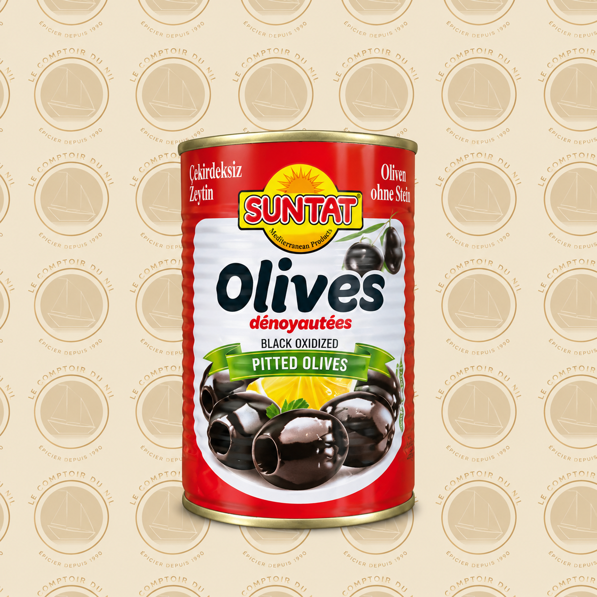 Olives Noires Dénoyautées Suntat – Olives Méditerranéennes en Boîte 350g Le comptoir du Nil : produits orientaux en ligne