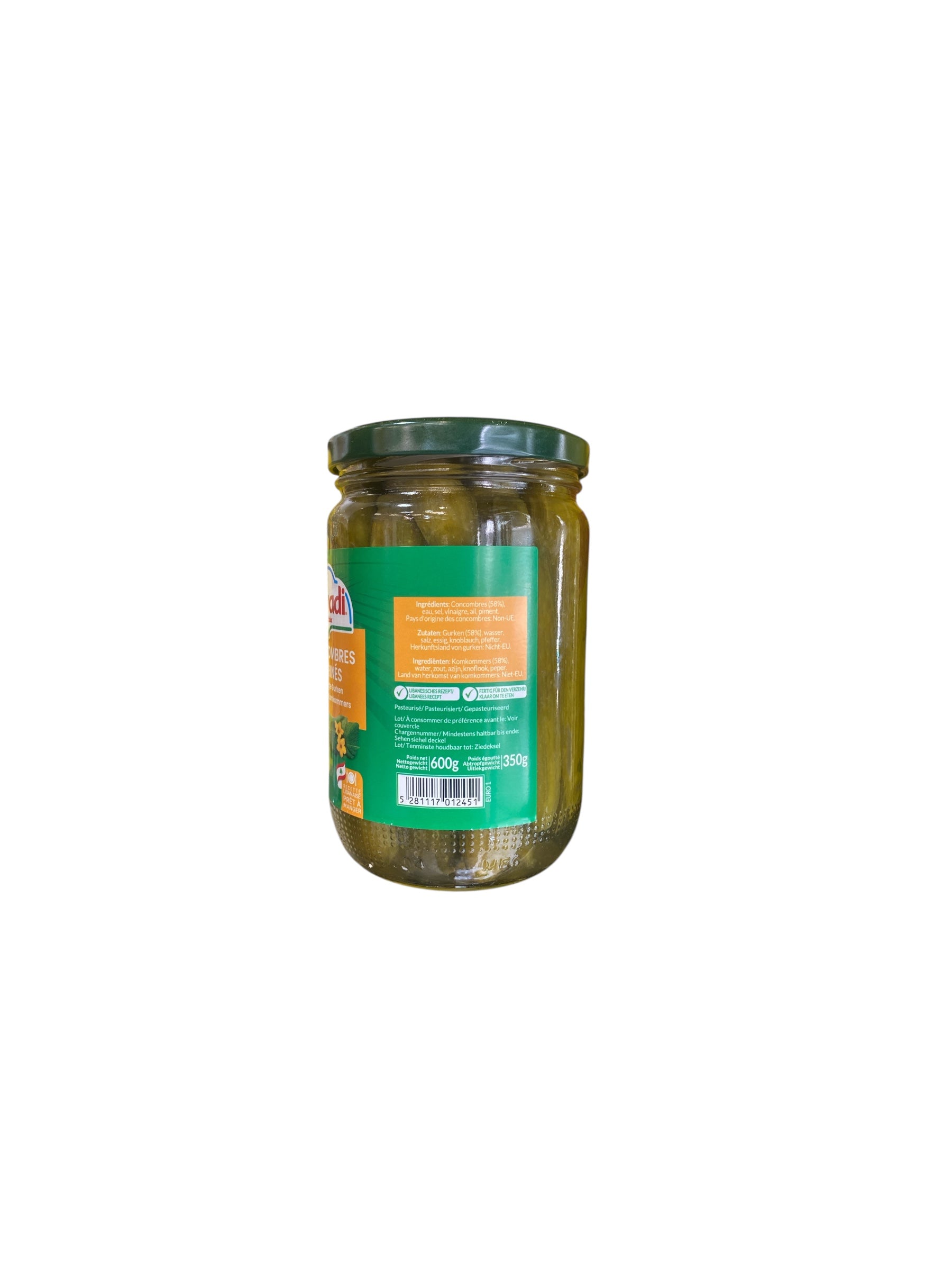 Alwadi - Concombres Marinés Alwadi - Cornichons Libanais Classiques | Vegan & Sans Gluten | 600g (350g Égoutté) composition