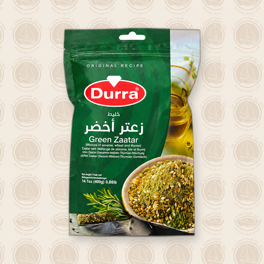 Zaatar Vert Durra 400g – Mélange Authentique de Thym, Sésame et Blé du Moyen-Orient Le comptoir du Nil : produits orientaux en ligne